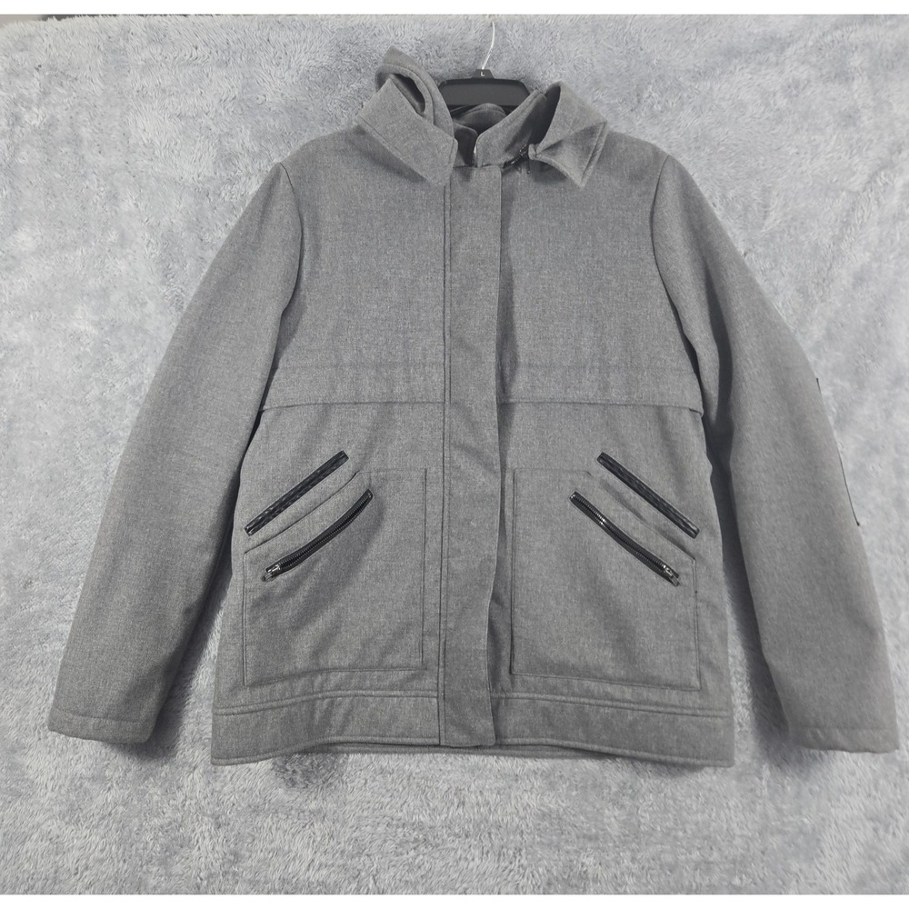 Fabletics Womens Gray Hooded Fleece Lined Jacket Faux Leather Elbow Patches Sz M